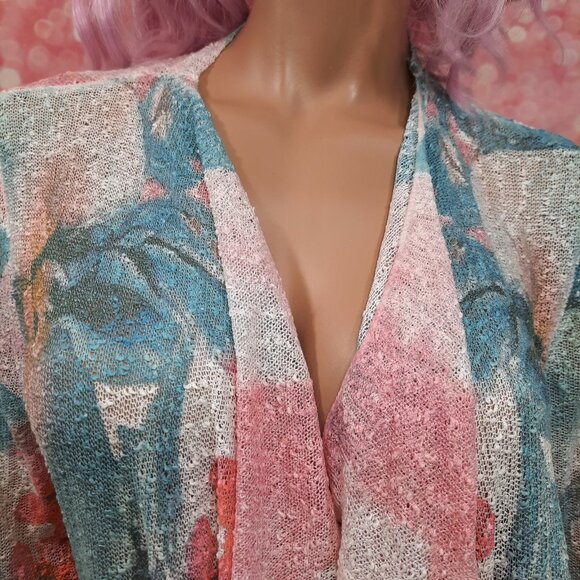 Y2K Sheer Long Textured Knit Cardigan Size M Fairycore Floral Turquoise Coral - Picture 2 of 6